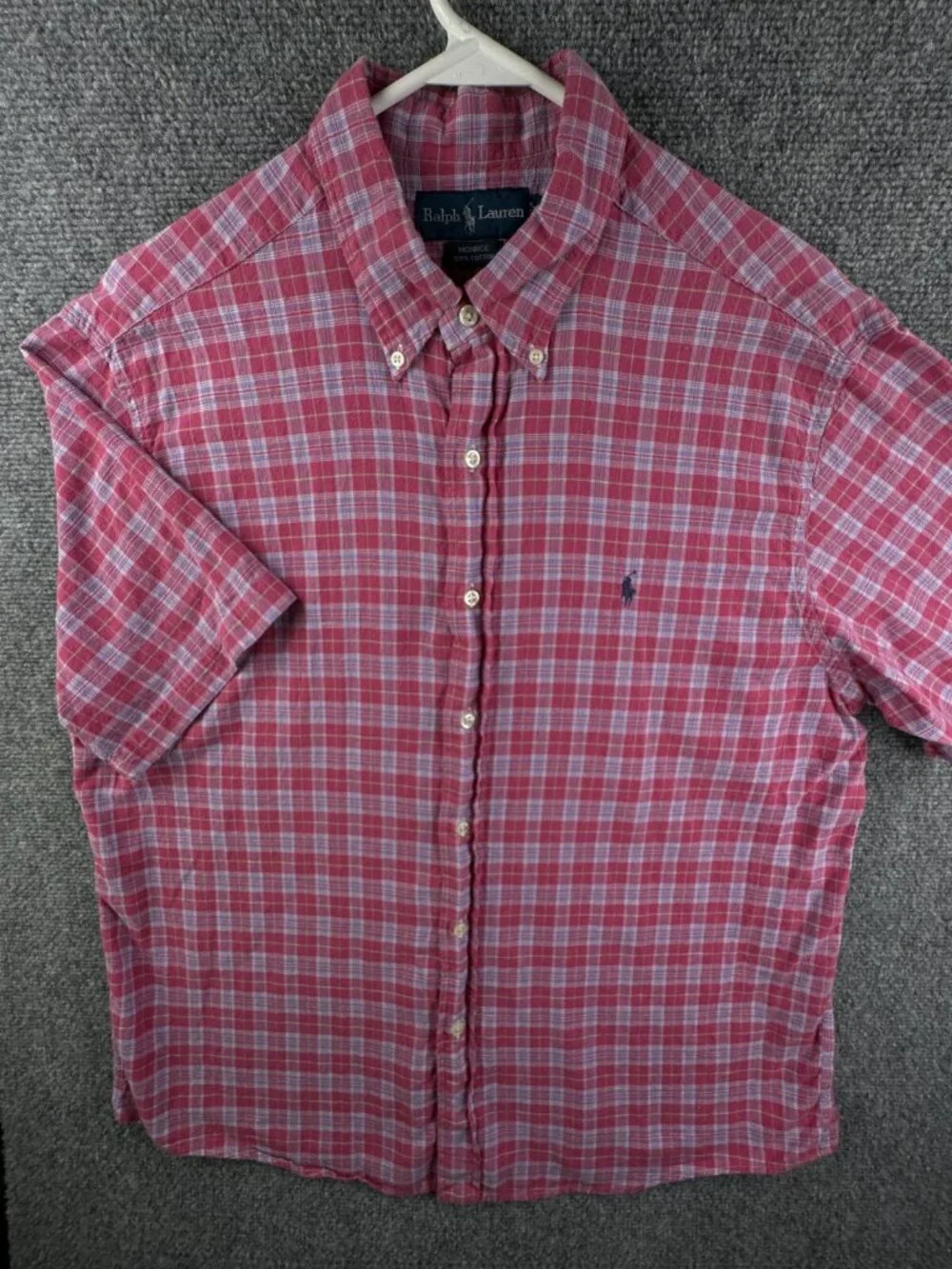 Ralph Lauren Monroe Red Blue Plaid Short Sleeve Button Up Shirt Men Cotton L